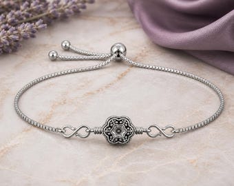 Silver Tone Flower Bead Sterling Silver Bolo Bracelet: Adjustable & Interchangeable Charm Bracelet