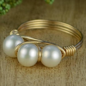 Pearl Ring-  Sterling Silver, Yellow or Rose Gold Filled Wire Wrapped Ring with White Freshwater Pearls -Size 4,5,6,7,8,9,10,11,12,13,14