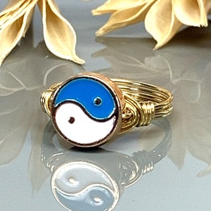 Blue Yin Yang Wrap Ring- Sterling Silver, Yellow or Rose Gold Filled Wire & Gold Tone Zinc Alloy Bead -Size 4 5 6 7 8 9 10 11 12 13 14