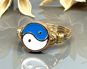 Blue Yin Yang Wrap Ring- Sterling Silver, Yellow or Rose Gold Filled Wire & Gold Tone Zinc Alloy Bead -Size 4 5 6 7 8 9 10 11 12 13 14