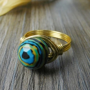 Round Turquoise Gemstone Ring- Sterling Silver, Yellow or Rose Gold Filled Wire Wrapped Gemstone - Size 4 5 6 7 8 9 10 11 12 13 14