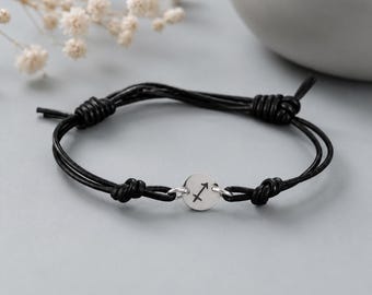 Zodiac Sign Adjustable Leather Bracelet: Hand-stamped Sterling Silver Disc and Black or Brown Leather Band