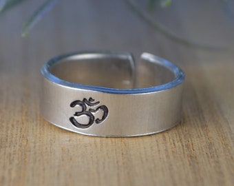 Om Yoga Adjustable Ring- Hand Stamped Aluminum Ring- Custom Size (full, .25, .5, .75)