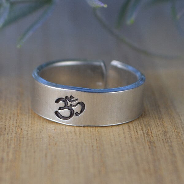 Om Yoga Adjustable Ring- Hand Stamped Aluminum Ring- Custom Size (full, .25, .5, .75)
