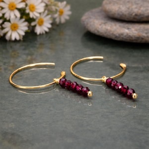 May include: A pair of gold-colored hoop earrings. Each earring features a cluster of deep red gemstones suspended from the hoop. The earrings are displayed on a dark, textured surface, with daisies in the background.