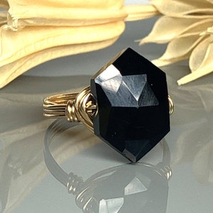 Black Onyx Hexagon Ring: Wire Wrapped, Sterling Silver or Gold Filled- Custom Size