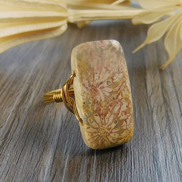 Pink Fossil Coral Statement Ring-Sterling Silver, 14k Yellow or Rose Gold Filled Wire Wrapped Ring-Any Size 4 5 6 7 8 9 10 11 12 13 14