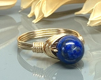 Round Lapis Lazuli Ring- Sterling Silver, 14k Yellow or Rose Gold Filled Wire Wrapped Blue Gemstone- Custom Size (full, .25, .5, .75)