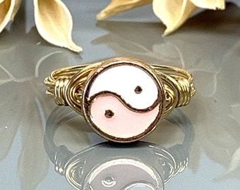 Light Pink Yin Yang Ring- Sterling Silver, Yellow or Rose Gold Filled Wire & Gold Tone Zinc Alloy Bead - Size 4 5 6 7 8 9 10 11 12 13 14