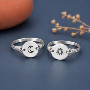 Sun or Moon Ring: Sterling Silver or Gold Filled Wire Wrapped Hand-stamped Silver Disc - Custom Size