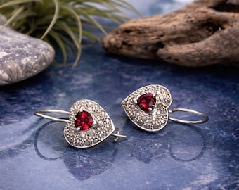 Garnet and Marcasite Sterling Silver Heart Dangle Earrings - January Birthstone Gift - Vintage/Pre-Owned