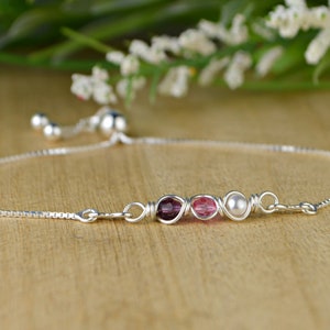 Personalized Sterling Silver Bolo Bracelet with Crystal Birthstones - Interchangeable Charm and Chain - 3-5 Stones - Gift for Mom/Bridesmaid