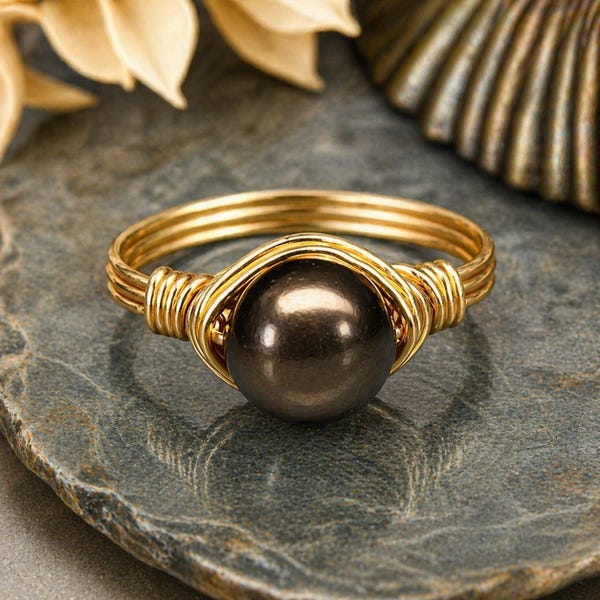Chocolate Swarovski Pearl Ring – Sterling Silver or Gold Filled Wire Wrapped- Custom Size 4-14