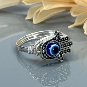 Hamsa Hand Wrapped Ring - Evil Eye Jewelry - Silver, Yellow, or Rose Gold Filled Wire - Sizes 4-14