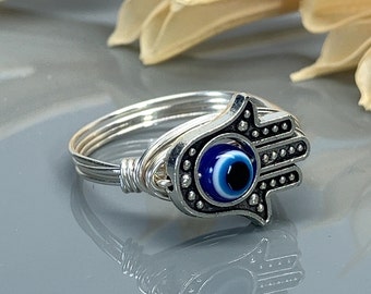 Hamsa Hand Wrapped Ring - Evil Eye Jewelry - Silver, Yellow, or Rose Gold Filled Wire - Sizes 4-14