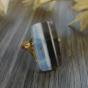 Blue and Black Striped Agate Statement Ring in Sterling Silver or 14k Gold Filled - Custom Size Available