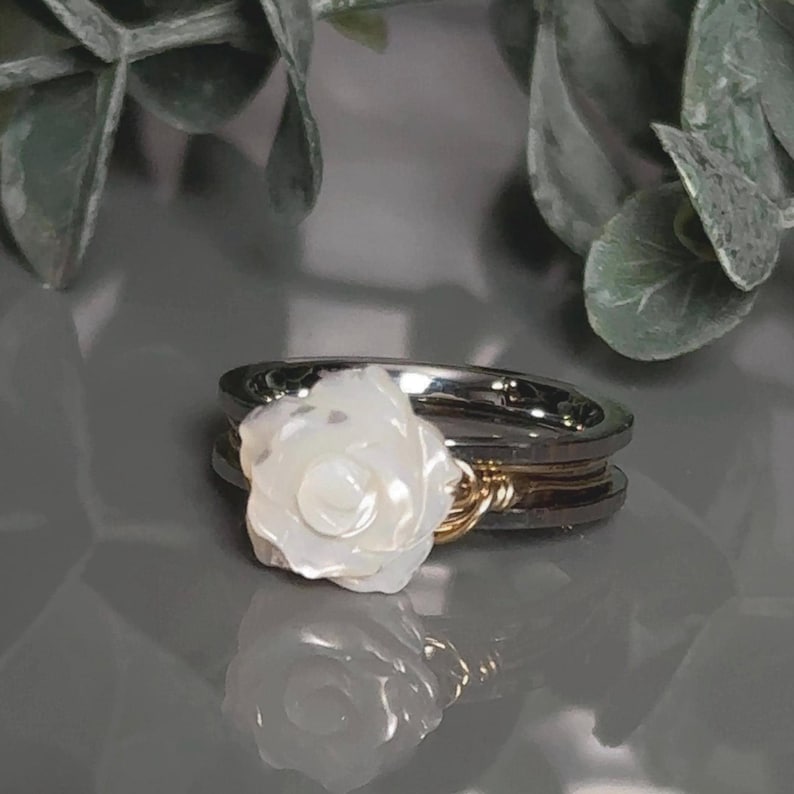 Mother of Pearl Rose Flower Fidget Spinner Ring: Stainless Steel Anxiety/Worry Ring- Custom Size image 8