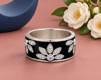 Cubic Zirconia & Black Enamel Flower Band:  Sterling Silver CZ Ring - Size 6.75 - Vintage/Pre-owned