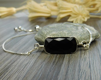 Faceted Black Onyx Rectangle Gemstone Adjustable Sterling Silver Interchangeable Charm Bolo Bracelet-Charm,Bracelet Chain,or Both