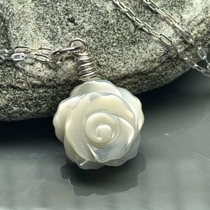 Mother of Pearl Rose Flower Pendant Necklace- Carved White MOP