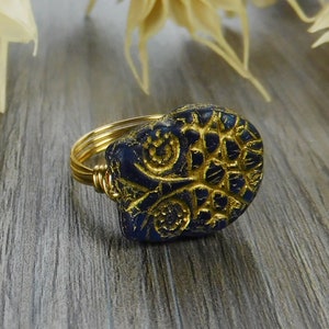 Navy Blue and Gold Owl Ring- Sterling Silver, Yellow or Rose Gold Filled Wire Wrapped Glass Bead- Size 4 5 6 7 8 9 10 11 12 13 14