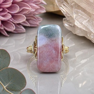 Indian Agate Ring:  Sterling Silver or Gold Filled Wire Wrapped Pink and Green Rectangular Gemstone - Custom Size