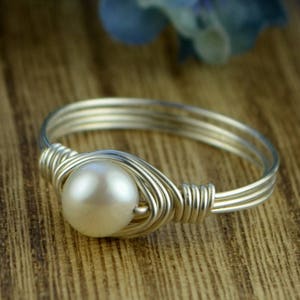 Freshwater Pearl Wrapped Ring Sterling Silver, Yellow or Rose Gold Filled Wire/ White Pearl-Any Size 4 5 6 7 8 9 10 11 12 13 14 1/4 1/2 3/4 image 3