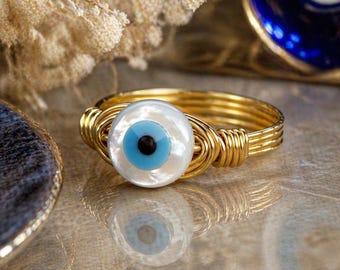 White and Turquoise Evil Eye Ring: Sterling Silver or Gold Filled Wire Wrapped Mother of Pearl Bead  - Custom Size