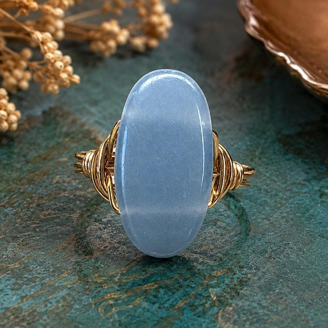 Angelite Ring: Sterling Silver or Gold Filled Wire Wrapped Blue Oval ...