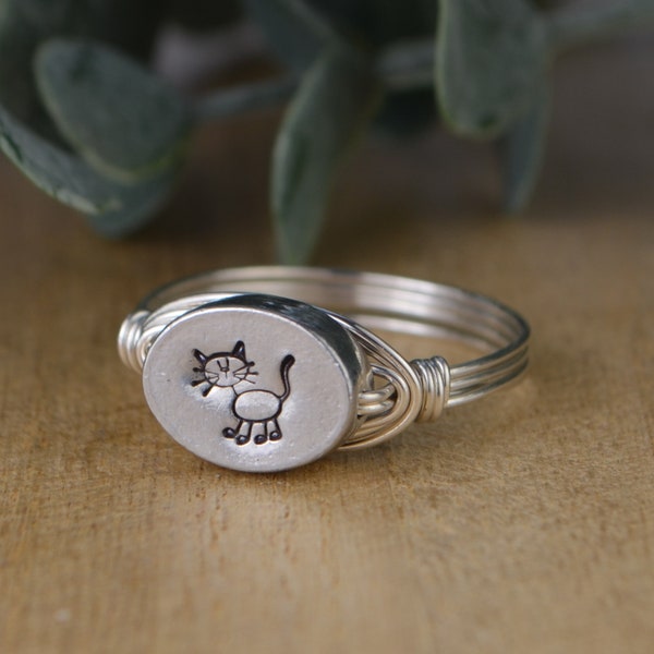 Stick Figure Cat Ring-Sterling Silver, 14k Yellow or Rose Gold Filled Wire Wrapped Hand Stamped Pewter Bead-Custom Size (full, .25, .5, .75)