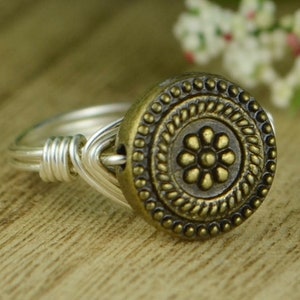 Brass Tone Metal Flower Bead Wrapped Ring- Sterling Silver, Yellow or Rose Gold Filled Wire -Any Size 4 5 6 7 8 9 10 11 12 13 14