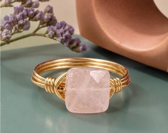 Rose Quartz Ring: Sterling Silver or Gold Filled Wire Wrapped Pink Square Faceted Gemstone - Custom Size