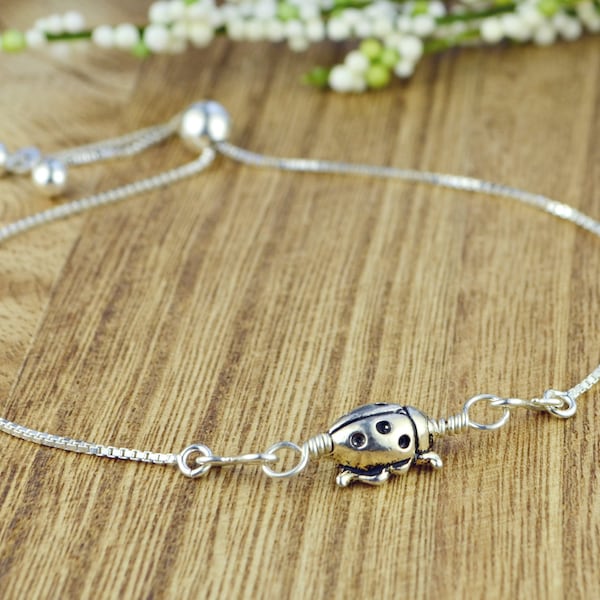 Ladybug Adjustable Sterling Silver Interchangeable Charm/Link Bolo Bracelet- Charm, Bracelet Chain, or Both