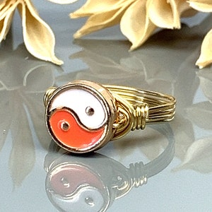 Orange Yin Yang Wrap Ring- Sterling Silver, Yellow or Rose Gold Filled Wire & Gold Tone Zinc Alloy Bead -Size 4 5 6 7 8 9 10 11 12 13 14