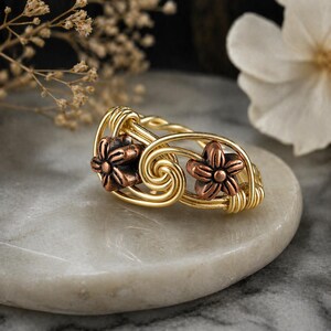 Two Tone Flower Ring: Sterling Silver or Gold Filled Wire Wrapped Copper Tone Beads - Custom Size