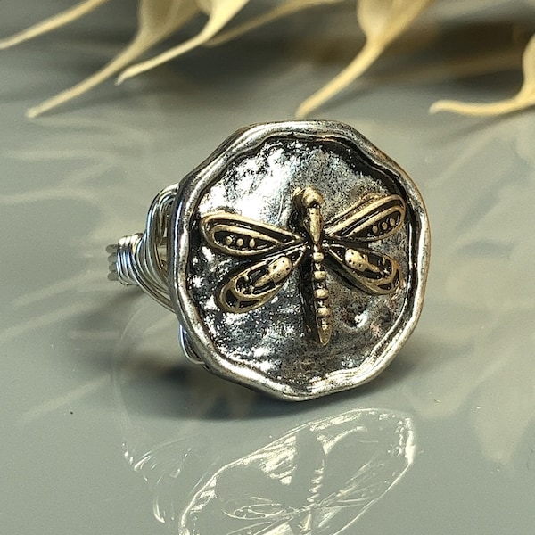 Dragonfly Wire Wrapped Ring- Sterling Silver, Yellow or Rose Gold Filled Wire with Two Toned Metal Bead -Size 4 5 6 7 8 9 10 11 12 13 14