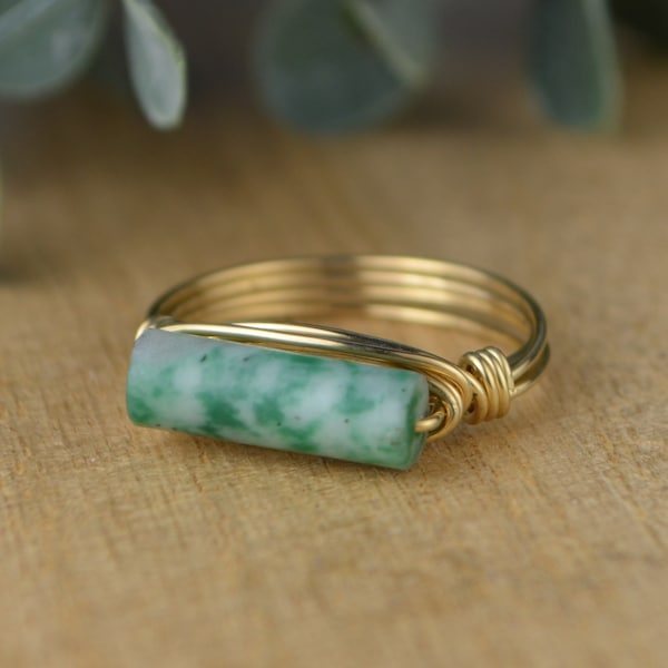 Sleek Green and White Spotted Jade Ring - Sterling Silver, Yellow or Rose Gold Filled Wire Wrapped Stackable-Size 4 5 6 7 8 9 10 11 12 13 14