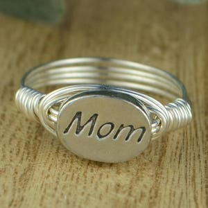 Mom Message Wrapped Ring- Sterling Silver, 14k Yellow or Rose Gold Filled Wire with Oval Pewter Bead - Custom Size (full, .25, .5, .75)