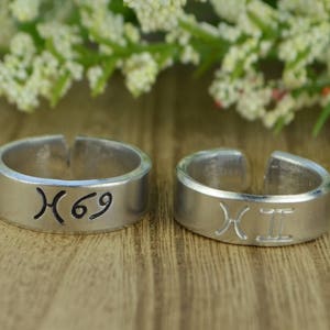 Any Two Zodiac Signs Adjustable Ring- Hand Stamped Aluminum Zodiac Symbols Ring- Handmade to Custom Size (full, .25, .5, .75)