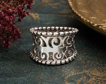Sterling Silver Statement Ring Wide Band - Open Work Scroll Design - Size 7 - Vintage/Pre-owned