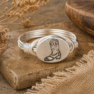 Cowboy Boot Ring: Sterling Silver or Gold Filled Wire Wrapped Oval Pewter Bead - Custom Size