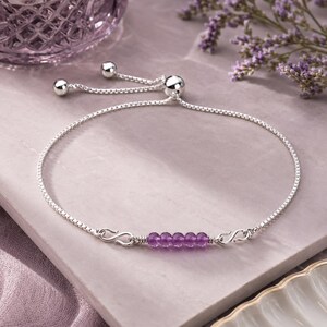 Tiny Amethyst Gemstones Minimalist Sterling Silver Bolo Bracelet: Adjustable & Interchangeable Charm Bracelet