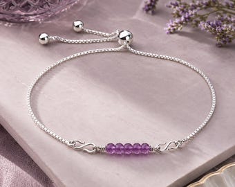 Tiny Amethyst Gemstones Minimalist Sterling Silver Bolo Bracelet: Adjustable & Interchangeable Charm Bracelet