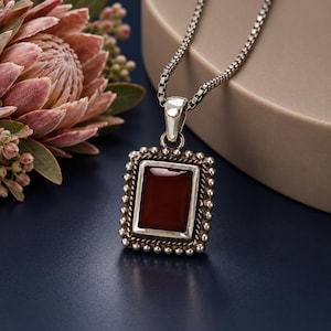 Rectangle Smooth Carnelian Gemstone Sterling Silver Pendant- Vintage/Pre-Owned
