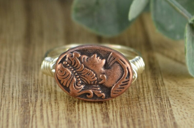 Cameo Ring 14k Yellow or Gold Filled Wire Wrapped Ring with Copper Tone Oval Metal Bead Size 4 5 6 7 8 9 10 11 12 13 14 Sterling Silver
