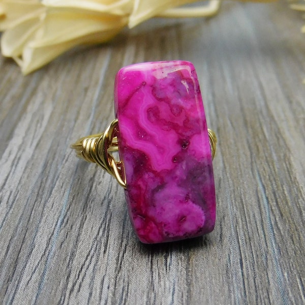 Hot Pink Crazy Lace Agate Ring -Sterling Silver, 14k Yellow or Rose Gold Filled Wire Wrapped Statement Ring-Custom Size (full, .25, .5, .75)