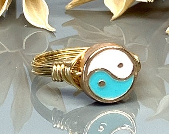 Turquoise Yin Yang Wrap Ring- Sterling Silver, Yellow or Rose Gold Filled Wire & Gold Tone Zinc Alloy Bead -Size 4 5 6 7 8 9 10 11 12 13 14