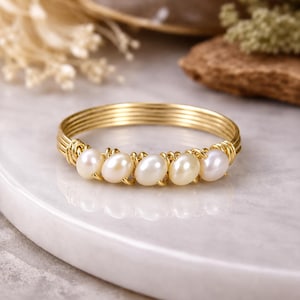 White Pearl Stackable Ring: Sterling Silver or Gold Filled Wire Wrapped Tiny Gemstones- Custom Size