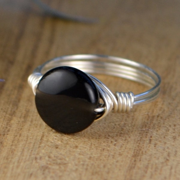 Obsidian Ring -  Sterling Silver, Yellow or Rose Gold Filled Wire Wrapped Gemstone Bead Ring - Any Size 4 5 6 7 8 9 10 11 12 13 14