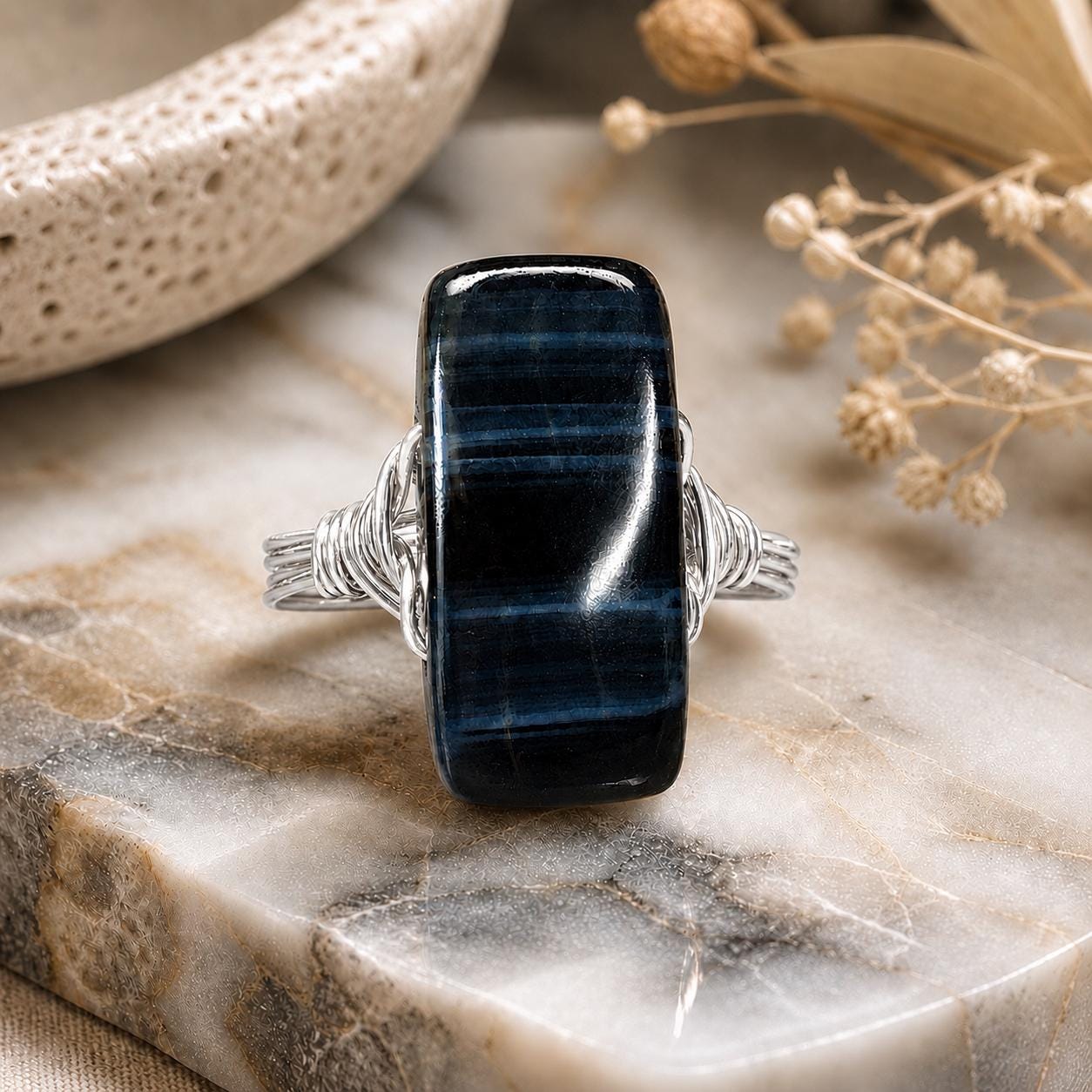 Blue Tiger's Eye Ring: Sterling Silver or Gold Filled Wire Wrapped